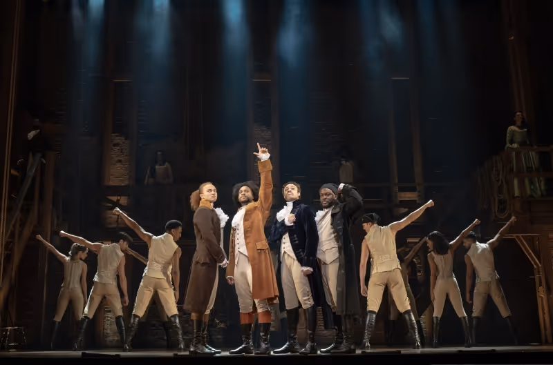 (l-r) Nathan Haydel, Tyler Fauntleroy, Jared Howelton, Elvie Ellis, and Company - HAMILTON National Tour - (c) Joan Marcus 2024.
