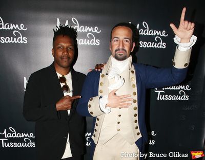 Leslie Odom Jr.and  Madame Tussauds Lin-Manuel Miranda Wax figure  Photo