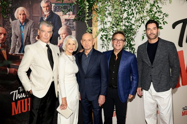 Pierce Brosnan, Celia Imrie, Helen Mirren, Ben Kingsley, Chris Columbus, and Tom Elli Photo