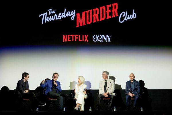 Josh Horowitz, Chris Columbus, Helen Mirren, Pierce Brosnan, and Ben Kingsley Photo