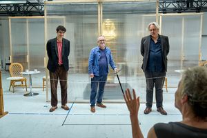 Nye Occomore (Simon Doyle), Mark Hadfield (Poirot), and Bob Barrett (Colonel Race) @ BroadwayWorld Nye Occomore (Simon Doyle), Mark Hadfield (Poirot), and Bob Barrett (Colonel Race) Photo