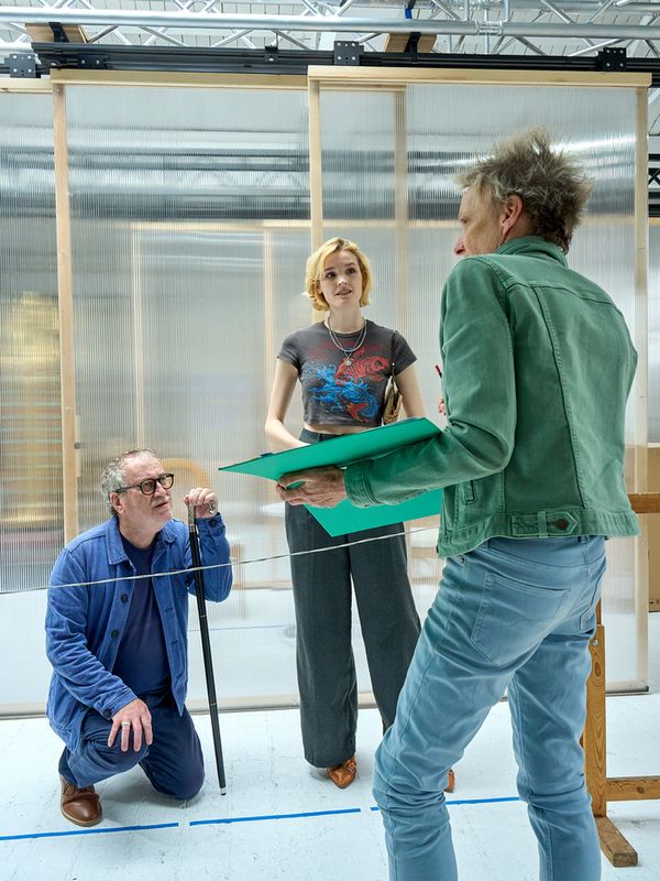 Mark Hadfield (Poirot), Esme Hough (Jacqueline) and Lucy Bailey (director) Photo