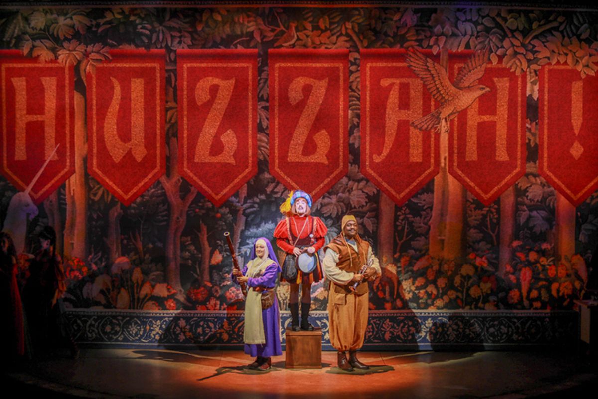 Beth Stafford Laird as Lady Alisoun the Healing Nun, Matt DaSilva as Troubadour Tim, and Aaron Michael Ray as Guildenstern at 