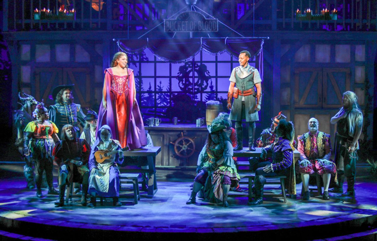 Liisi LaFontaine as Gwen Mirandola and Anthony Chatmon II as Gareth with the cast of Huzzah at 