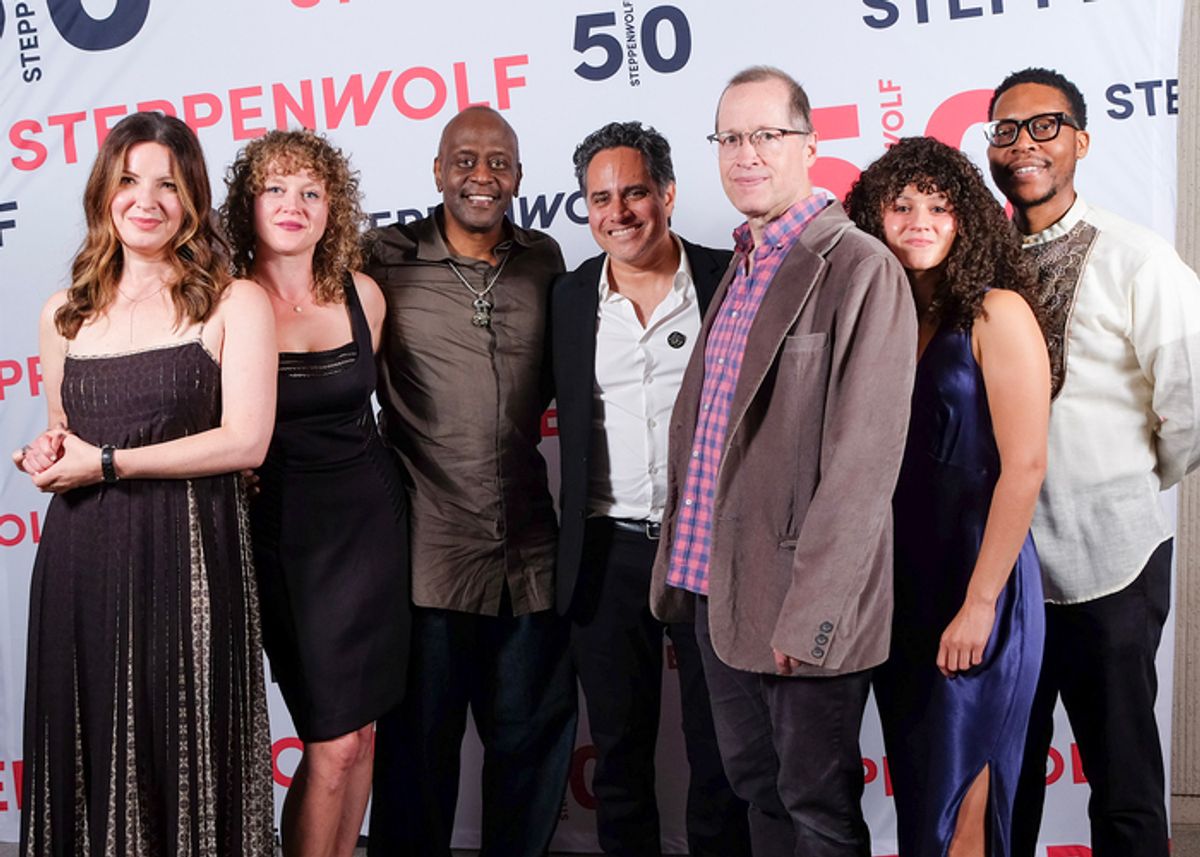 Ensemble members Kate Arrington and Caroline Neff, director/ensemble member K. Todd Freeman, playwright/ensemble member Rajiv Joseph, ensemble member Tim Hopper, Emilie Maureen Hanson and ensemble member Namir Smallwood at 