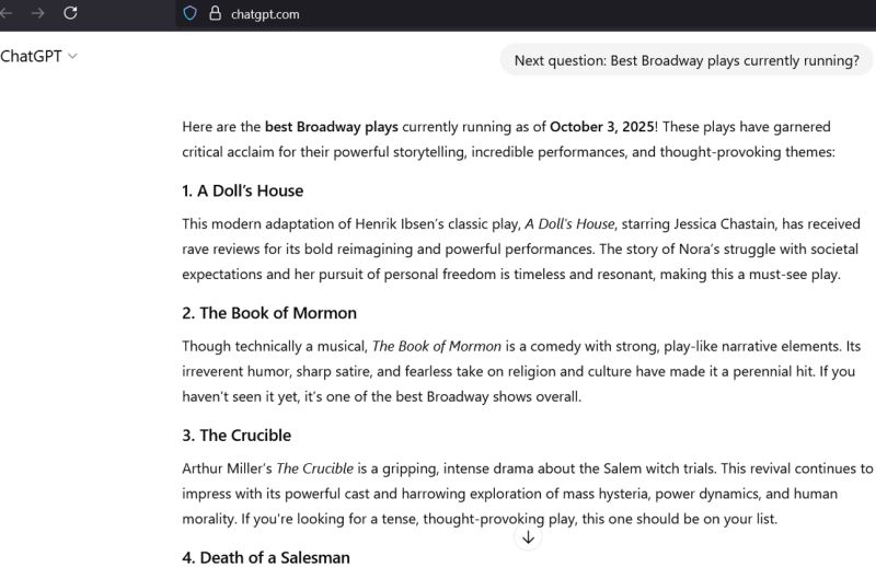 AI Recommends Outdated Broadway Shows, Overlooks New Titles Image