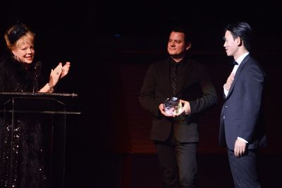 KT Sullivan presented Bryan Eng with the Julie Wilson Award. Photo credit: Maryann Lo Photo