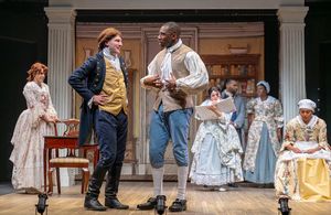Adam KuveNiemann) speaks with actor Kwame (center right - Titus VanHook) as the other actors (l to r: Rosie Hallett, Nicole Apostol Bruno, Kenneth Ray, Asia Nicole Jackson, and Emily Newsome @ BroadwayWorld Adam KuveNiemann) speaks with actor Kwame (center right - Titus VanHook) as the other Photo