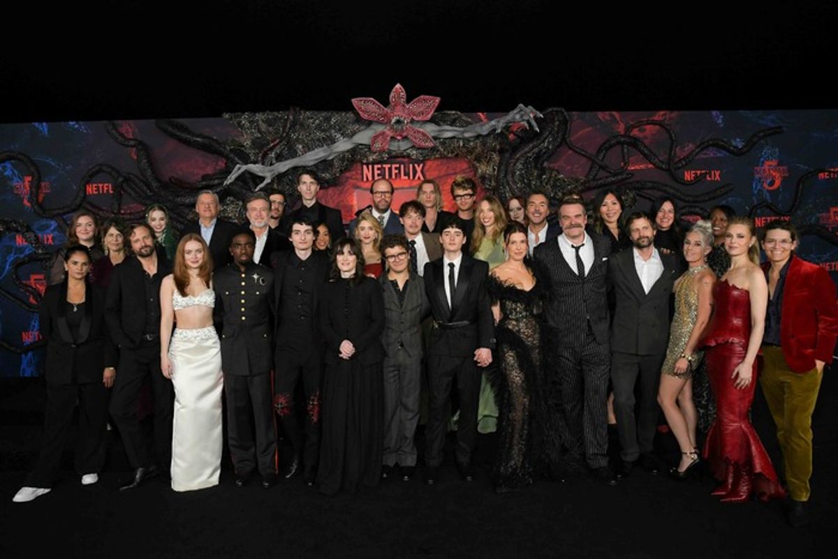 Linnea Berthelsen, Bela Bajaria, CCO, Netflix, Linda Hamilton, Emily Morris, Matt Duffer, Nell Fisher, Sadie Sink, Ted Sarandos, Co-CEO, Netflix, Caleb McLaughlin, Joe Chrest, Dan Cohen, Finn Wolfhard, Alex Breaux, Priah Ferguson, Winona Ryder, Gaten Matarazzo, Natalia Dyer, Brett Gelman, Noah Schnapp, Jamie Campbell Bower, Charlie Heaton, Joe Keery, Maya Hawke, Millie Bobby Brown, Amybeth McNulty, Shawn Levy, David Harbour, Jake Connelly, Jinny Howe, VP of Drama Development, Netflix, Ross Duffer, Kate Trefry, Carolina Garcia, Cara Buono, Hilary Leavitt, and Louis McCartney  at 