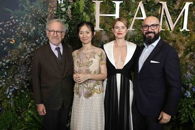 Producer Steven Spielberg, writer/director Chloé Zhao, Jessie Buckley and Peter Kuj Photo