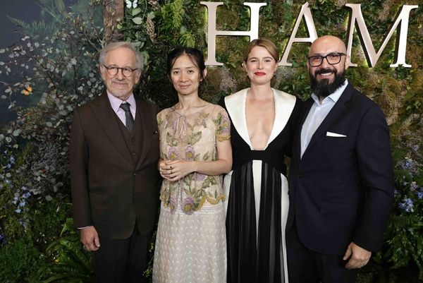Producer Steven Spielberg, writer/director Chloé Zhao, Jessie Buckley and Peter Kuj Photo