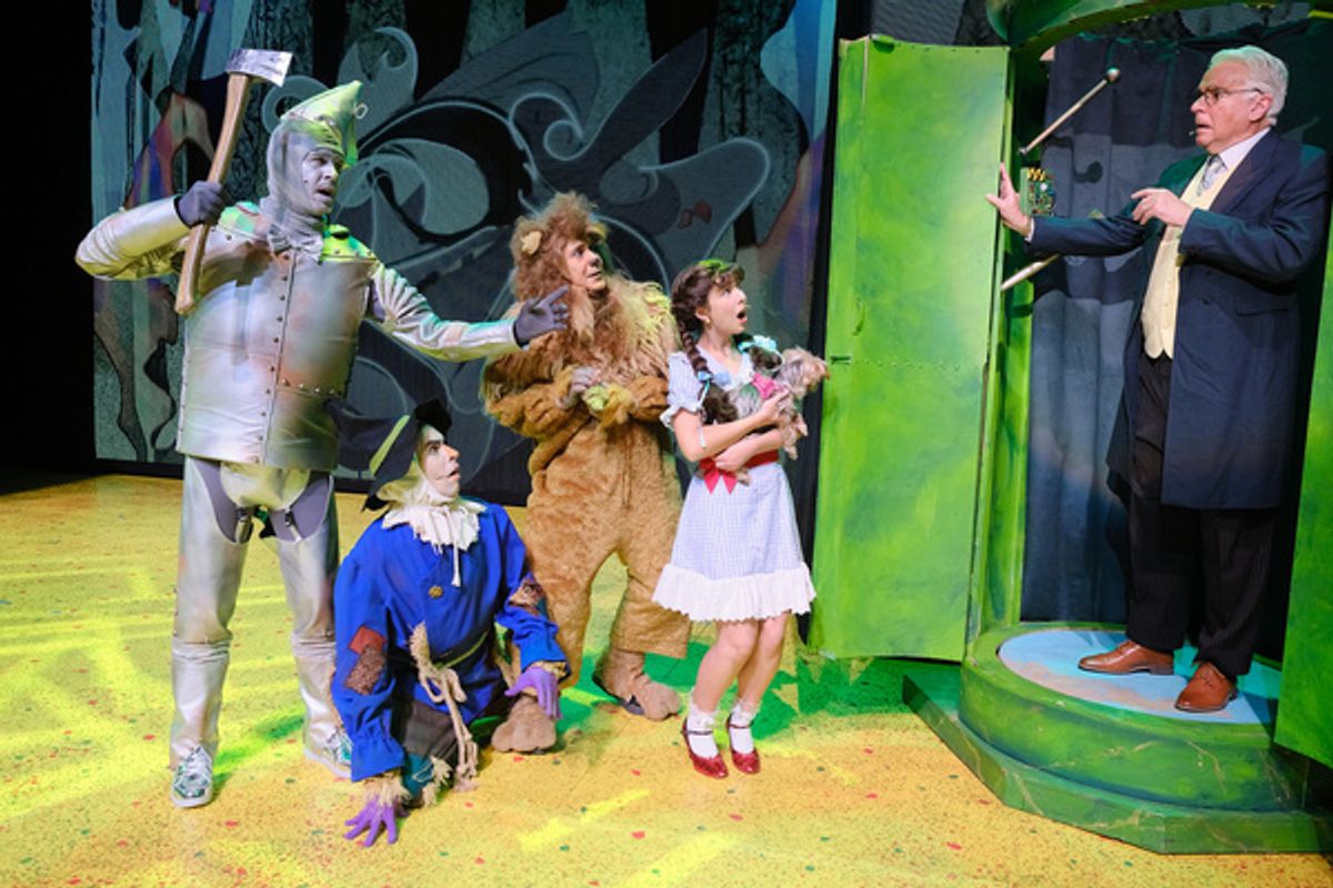 From the left are Douglas Ladnier as Tin Man, John Schartzer as Scarecrow, Mark Gagliardi as  Lion, Aubrey Anderson-Emmons as Dorothy, and John O?Hurley as The Wizard. Photo by Josh Kaplan. at 