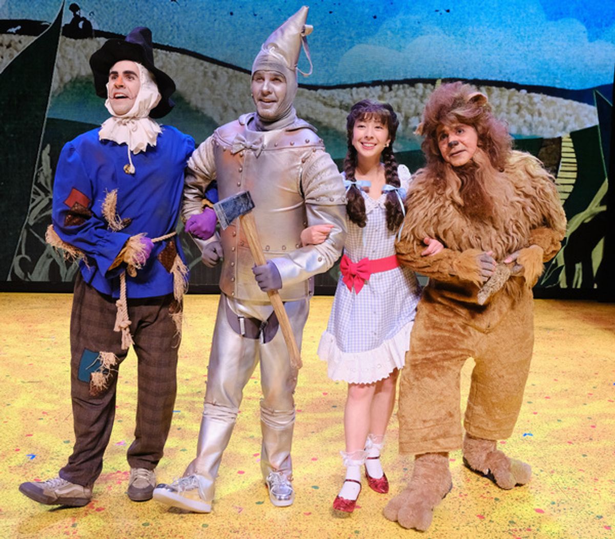 From the left are John Schartzer as Scarecrow, Douglas Ladnier as Tin Man, Aubrey Anderson-  Emmons as Dorothy, and Mark Gagliardi as Lion. Photo by Josh Kaplan.  at 