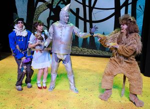 From the left are John Schartzer as Scarecrow, Aubrey Anderson-Emmons as Dorothy, Douglas Ladnier as Tin Man, and Mark Gagliardi as Lion. Photo by Josh Kaplan. @ BroadwayWorld From the left are John Schartzer as Scarecrow, Aubrey Anderson-Emmons as Dorothy, Dou Photo