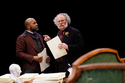 Devin E. Haqq as Nippers and Andy Grotelueschen as The Lawyer in Fiasco Theater’s B Photo