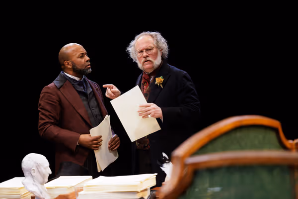 Devin E. Haqq as Nippers and Andy Grotelueschen as The Lawyer in Fiasco Theater’s B Photo