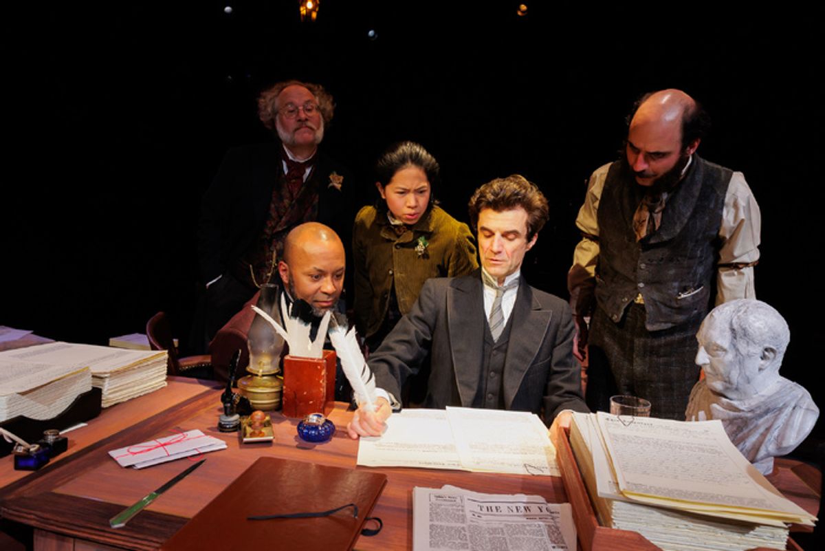 (from left) Andy Grotelueschen as The Lawyer, Devin E. Haqq as Nippers, Myka Cue as Ginger Snap, Michael Crane as Bartleby, and Matt Dallal as
Turkey in Fiasco Theater’s Bartleby at 