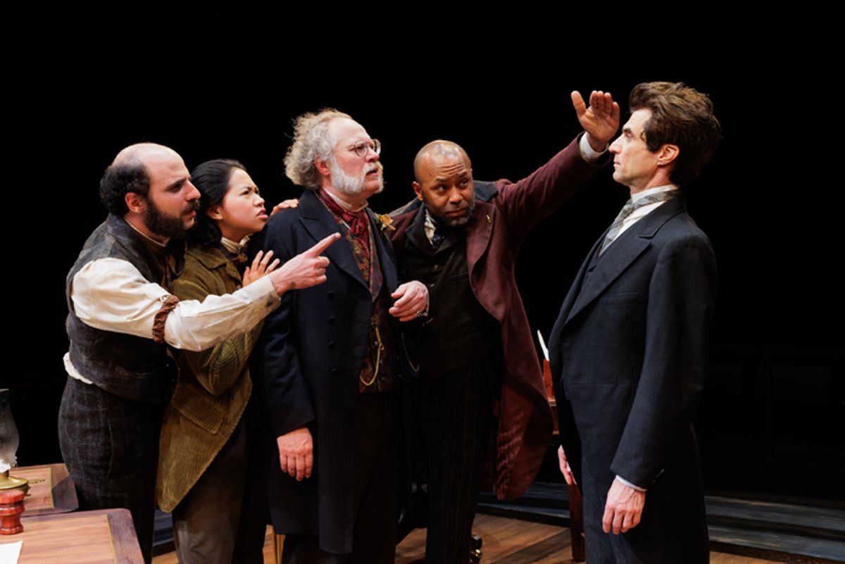 (from left) Matt Dallal as Turkey, Myka Cue as Ginger Snap, Andy Grotelueschen as The Lawyer, Devin E. Haqq as Nippers, and Michael Crane as
Bartleby in Fiasco Theater’s Bartleby, 2026 at 