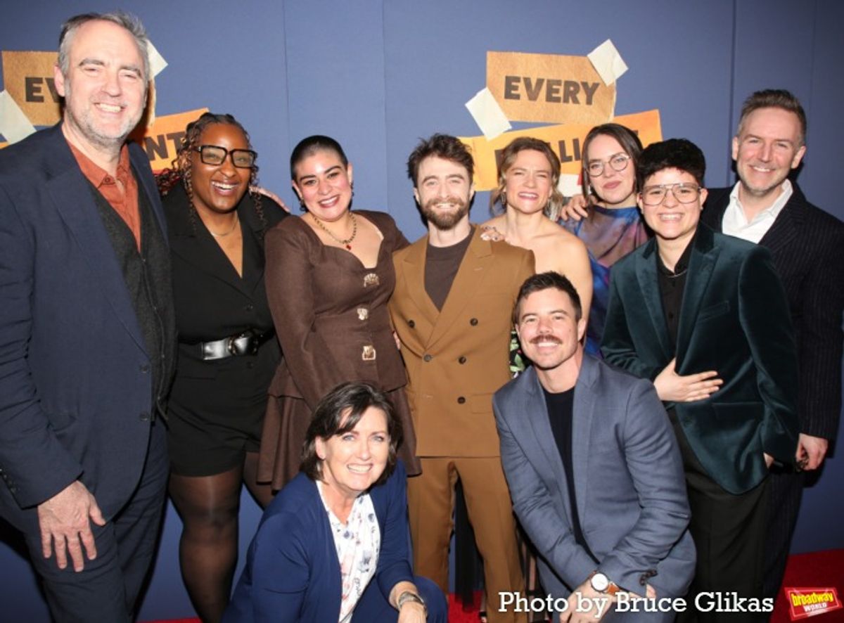 Co-Director Jeremy Herrin, Production Stage Manager Jhanaë K-C Bonnick, Assistant Stage Manager Fatimah Amill, Dresser to Daniel Radcliffe Sandy Binion; Daniel Radcliffe, Associate Director Laura Dupper,  Associate Director David Hull, Head of Props Maddie Bucci, Production Assistant Nat Jimenez Torres and Playwright and Co-Director Duncan MacMillan at 