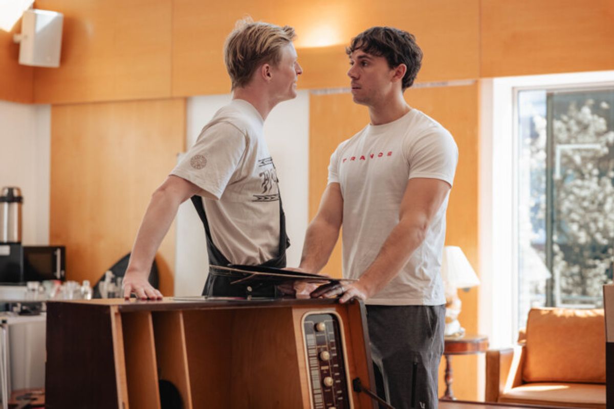 William Robinson (Peter, Mike) & Calam Lynch (Brian) in Please Please Me rehearsals at Kiln Theatre © Mark Senior at 