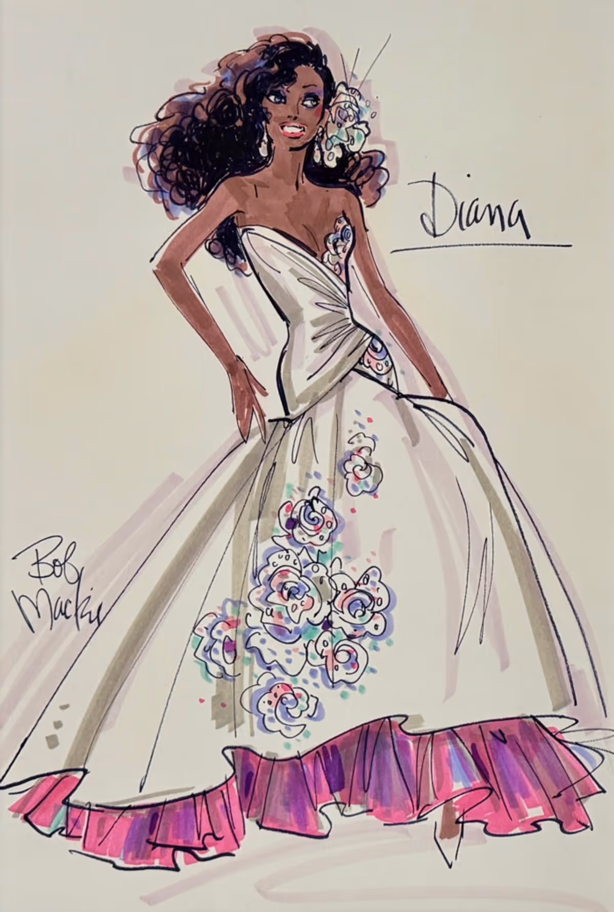 Bob Mackie (1939
-
)
Diana Ross
16 1/2 x 11 inches
Mixed media on paper
Signed lower left, Titled upper right
Design for a Mattel doll at 