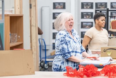 L-R Claire Moore & Althea Burey in rehearsals for BANK OF DAVE, credit Marc Brenner Photo
