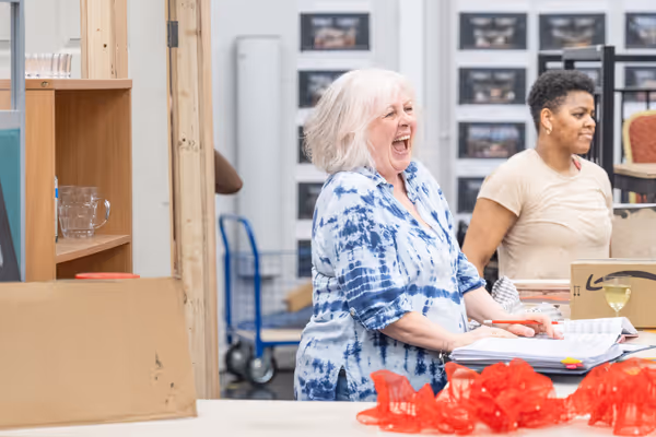 L-R Claire Moore & Althea Burey in rehearsals for BANK OF DAVE, credit Marc Brenner Photo