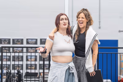 L-R Joni Ayton-Kent, Lauryn Redding, in rehearsals for BANK OF DAVE, credit Marc Bren Photo