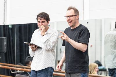 L-R Nikolai Foster, Ollie Khurshid in rehearsals for BANK OF DAVE, credit Marc Brenne Photo