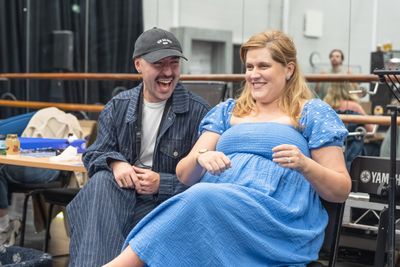 Rob Madge & Pippa Cleary in rehearsals for BANK OF DAVE, credit Marc Brenner Photo