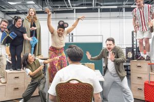 The cast in rehearsals for BANK OF DAVE, credit Marc Brenner 2 Photo