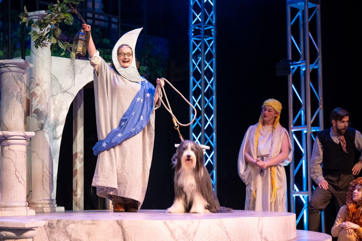 Larissa Beckman (Robin Starveling), KC (Dog), Mitchell Blohm (Francis Flute), Zach Thomas Woods (Peter Quince) and Silvia Stoeger at 