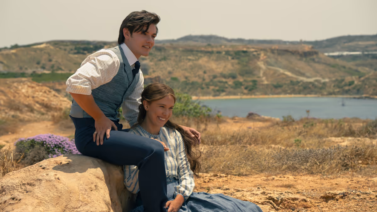 Louis Partridge and Millie Bobby Brown at Photos: First Look at ENOLA HOLMES 3 with Millie Bobby Brown