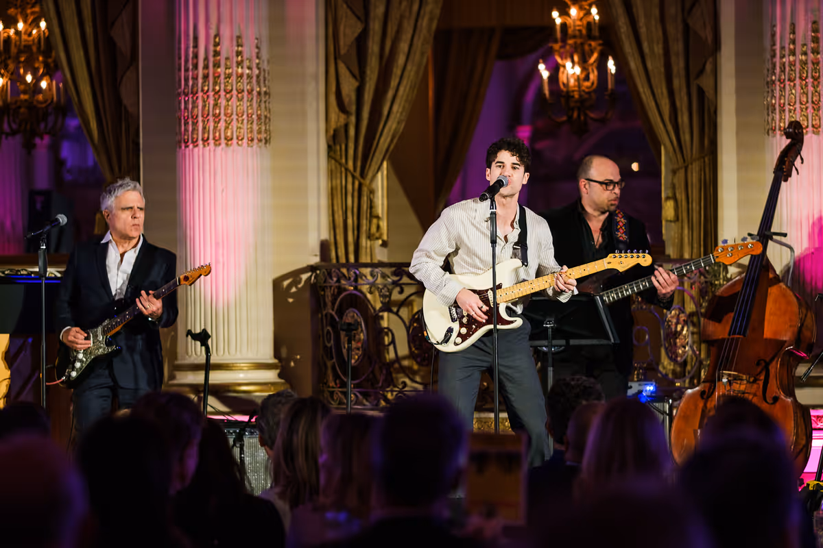 Neil Pepe (left), Darren Criss, and bassist George Farme at 