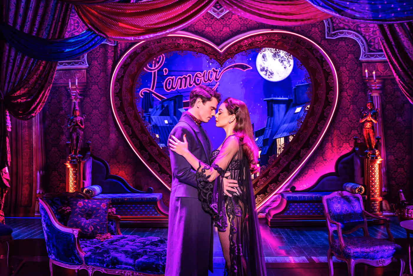 Jay Armstrong Johnson and Arianna Rosario the 2025 touring production of MOULIN ROUGE! THE MUSICAL. Photo by Matthew Murphy and Evan Zimmerman for MurphyMade