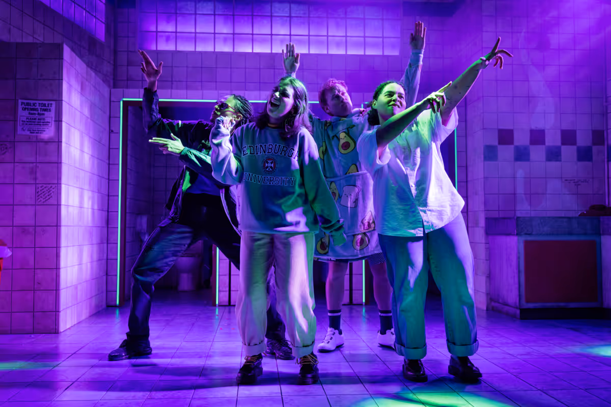 (L-R) Ivano Turco (Finley), Grace Towning (Zo), Matt Corner (Andrew) and Cole Dennis (Laura) - Photography by Mark Senior at Photos: PUBLIC – THE MUSICAL at Curve Theatre