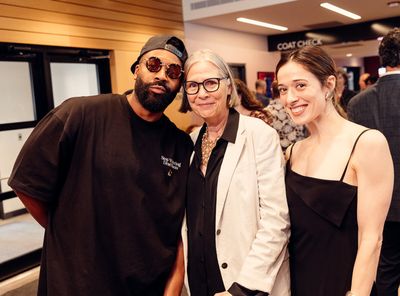 LaRoyce Hawkins, director/ensemble member Amy Morton and Marina Squerciati Photo