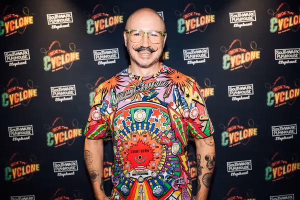 Dominic Skinner at gala night for RIDE THE CYCLONE, credit Charlie Flint Photo