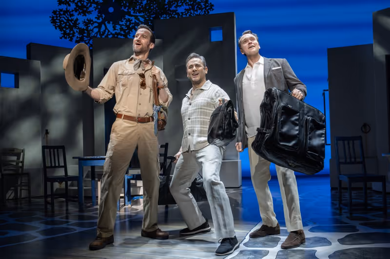 MAMMA MIA! 3 - 2026: (L to R) Leland Burnett (Bill Austin), Victor Wallace (Sam Carmichael), and Rob Marnell (Harry Bright) Photo by Joan Marcus 