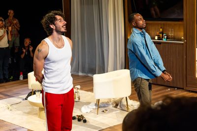 Matisse Ratron-Neal and Terry Bell take a bow at the opening night of 'The Pass' Photo