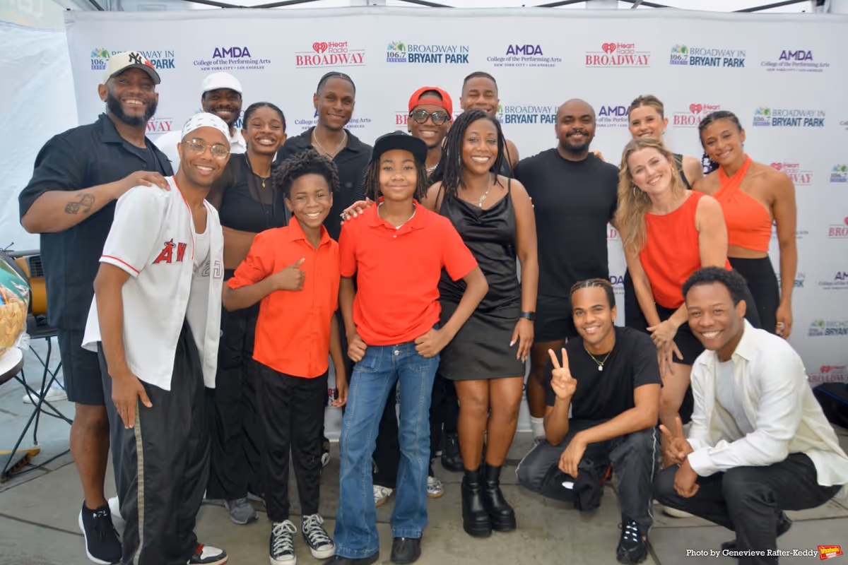 The Csst of MJ The Musical that includes Apollo Levine, Brion Marquis Watson, Antoine L. Smith, Chelsea Mitchell-Bonsu, Zion Mikhail Pradier, Blake Channing Taylor, Jackson Robert Vann, Jayden K. White, Carole Denise Jones, Michael Harmon, Blu Allen, Brandon Lee Harris, Rebecca Faulkenberry, Kellie Drobnick, Sarah Sigman, Melvin Gray, Jr. at Photos: MJ, THE OUTSIDERS & More Perform at Broadway in Bryant Park