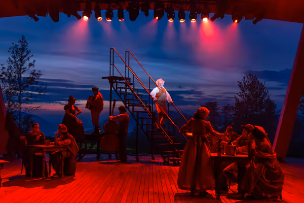 David Beach and the company of Hudson Valley Shakespeare's 2026 production of LES… Photo