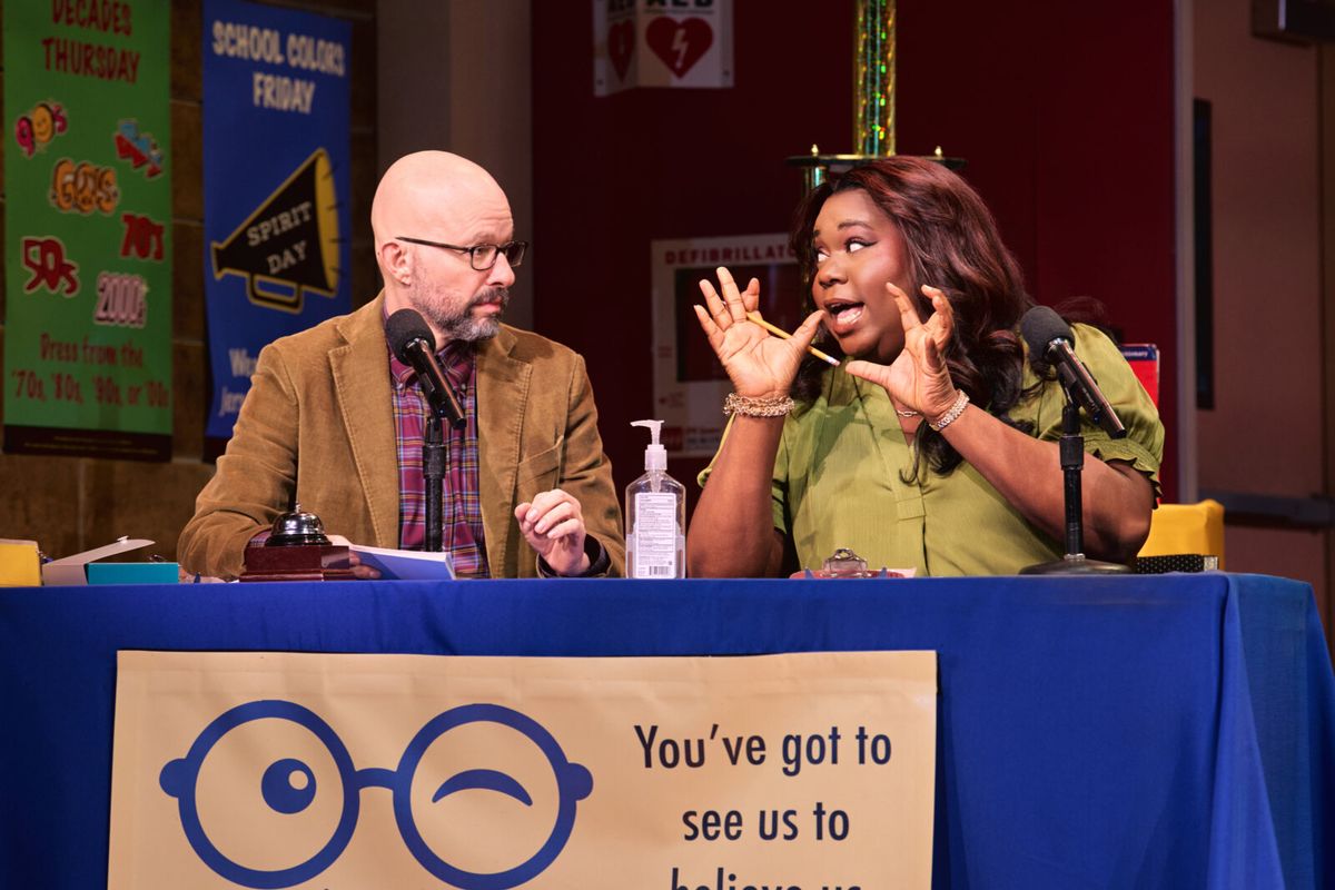 Jon Cryer and Alex Newell at Photos: Alex Newell, Nina White and Julian Sewell in SPELLING BEE