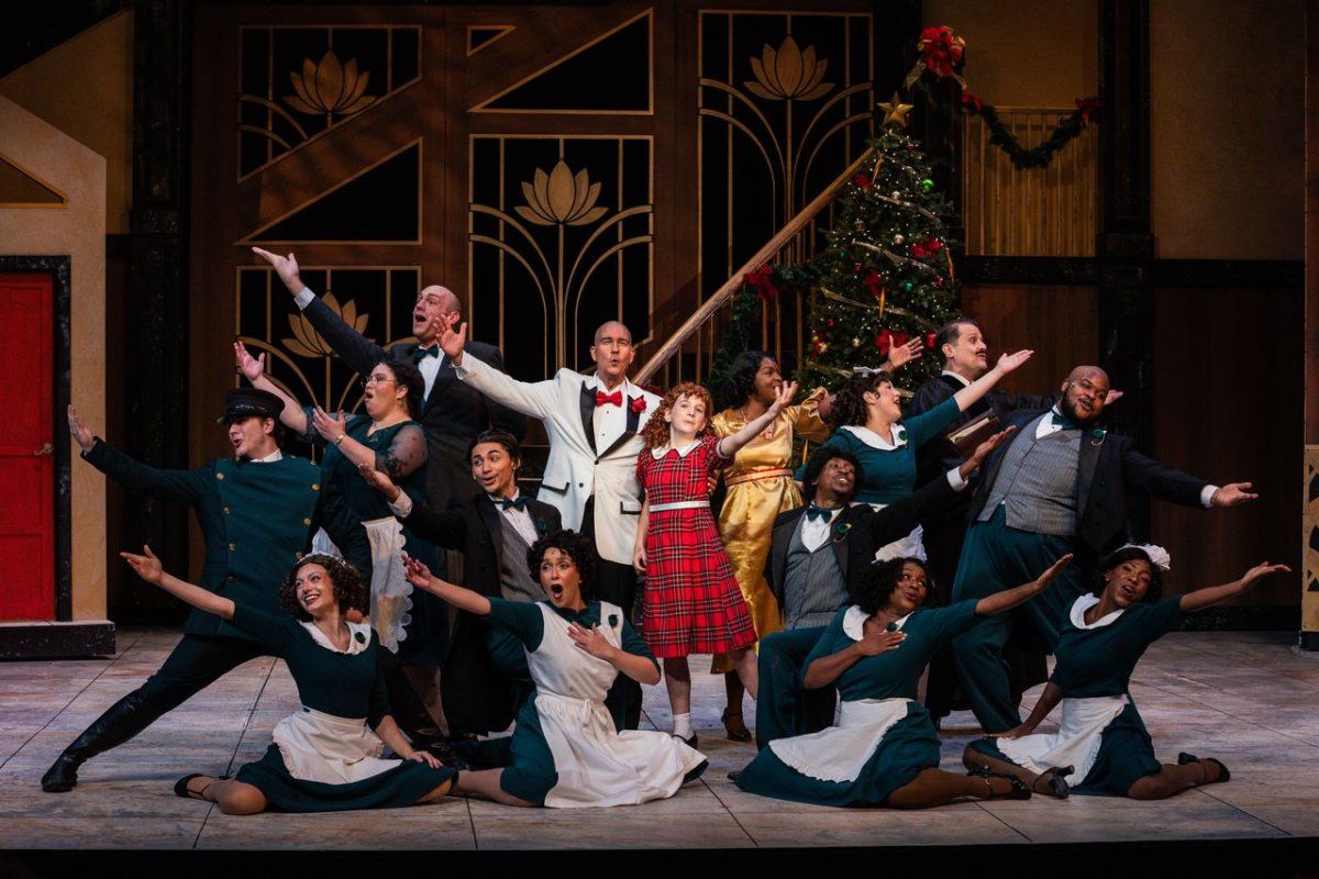 Chris Damiano, Mary Taylor, and the cast of Annie.  Photo credit: Casey Gardner Ford