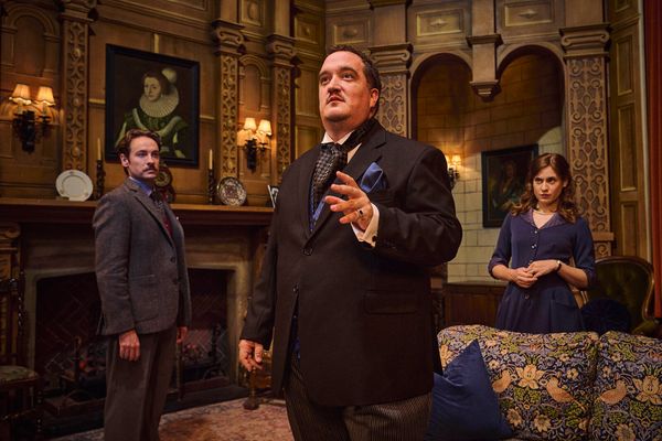 Jack Hardwick as Giles Ralston, James Peake as Mr Paravicini & Emily Laing as Mollie… Photo