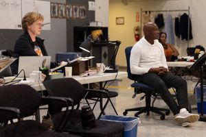 Ensemble member/stage manager Laura Glenn, director Kenny Leon and assistant director Photo
