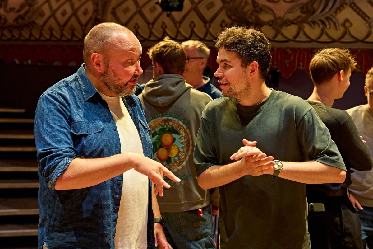 Adam Pearce and Tom Curran at Photos: MARTIN GUERRE In Rehearsal at The Old Vic