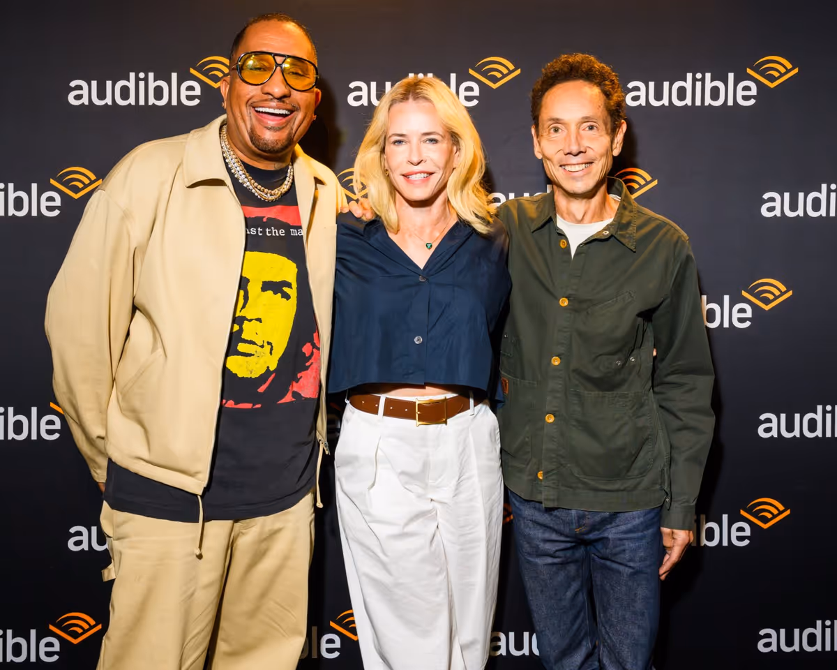 Kenya Barris, Chelsea Handler, and Malcolm Gladwell at Photos: Audible' THE UNUSUAL SUSPECTS Recording with Chelsea Handler