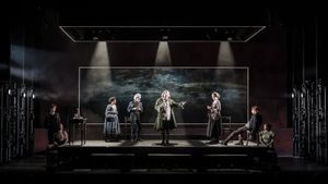 (L R) Daniel Hickey, Jasmine Kerr, Jordan Loughran, François Testory, Roger Ringrose, Scarlett Brookes, Samuel Collings, Robyn Sinclair A Tale of Two Cities Photo by Marc Brenner @ BroadwayWorld (L R) Daniel Hickey, Jasmine Kerr, Jordan Loughran, François Testory, Roger Ringrose Photo