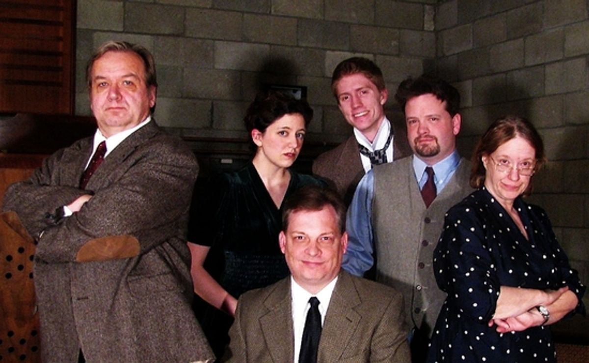 Gary Regal as Major Metcalfe, Heather Liebal as Molly,  Nathan Magyar as Christopher Wren, Jeff Stringer as Giles, David Andrews (sitting) as Sergeant Trotter, and Patricia Petiet as Mrs. Boyle. at 